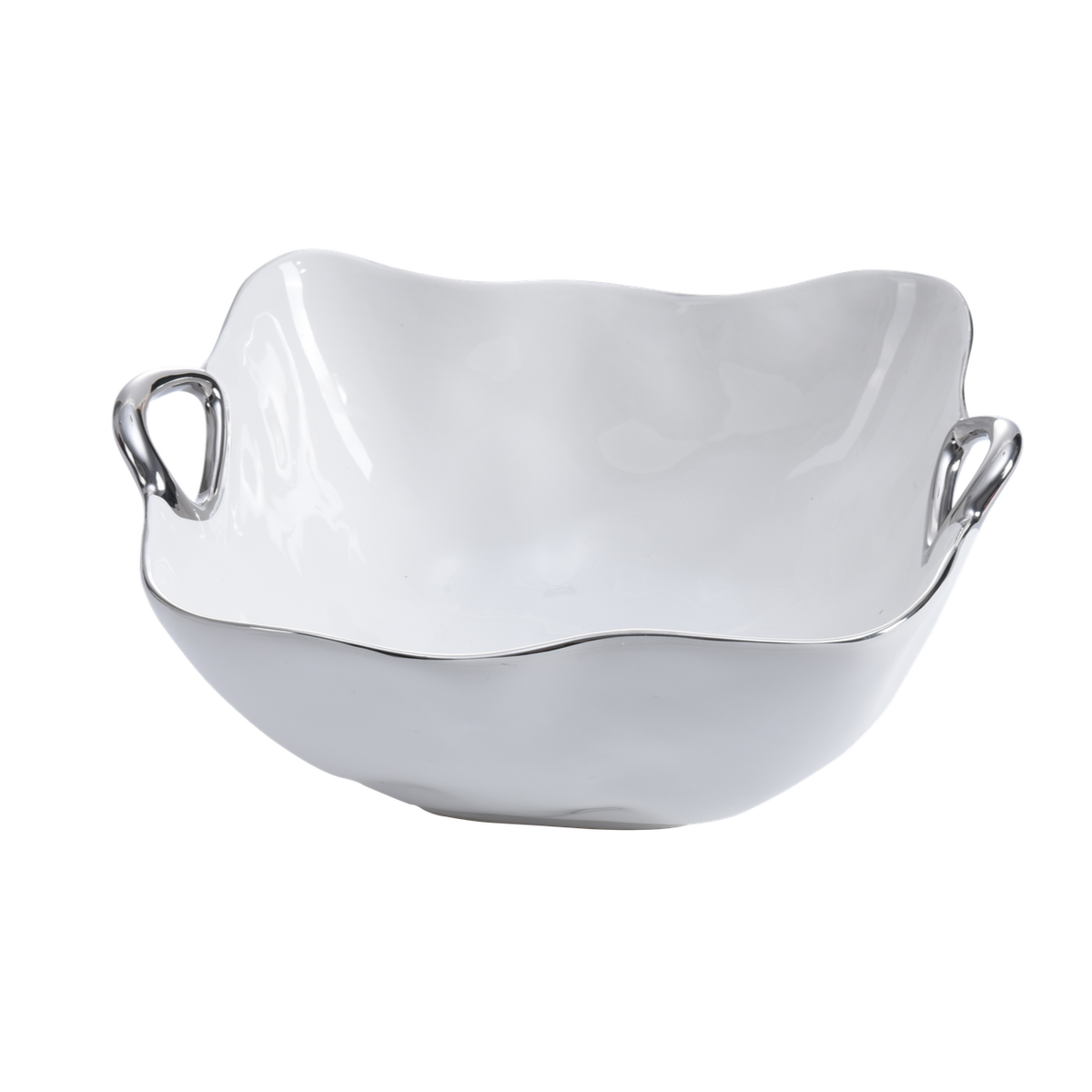 The Handle Bowl Silver Trim by PAMPA BAY is a glossy white ceramic bowl with curved edges and two silver handles, crafted from high-fired porcelain and shown on a plain white background.