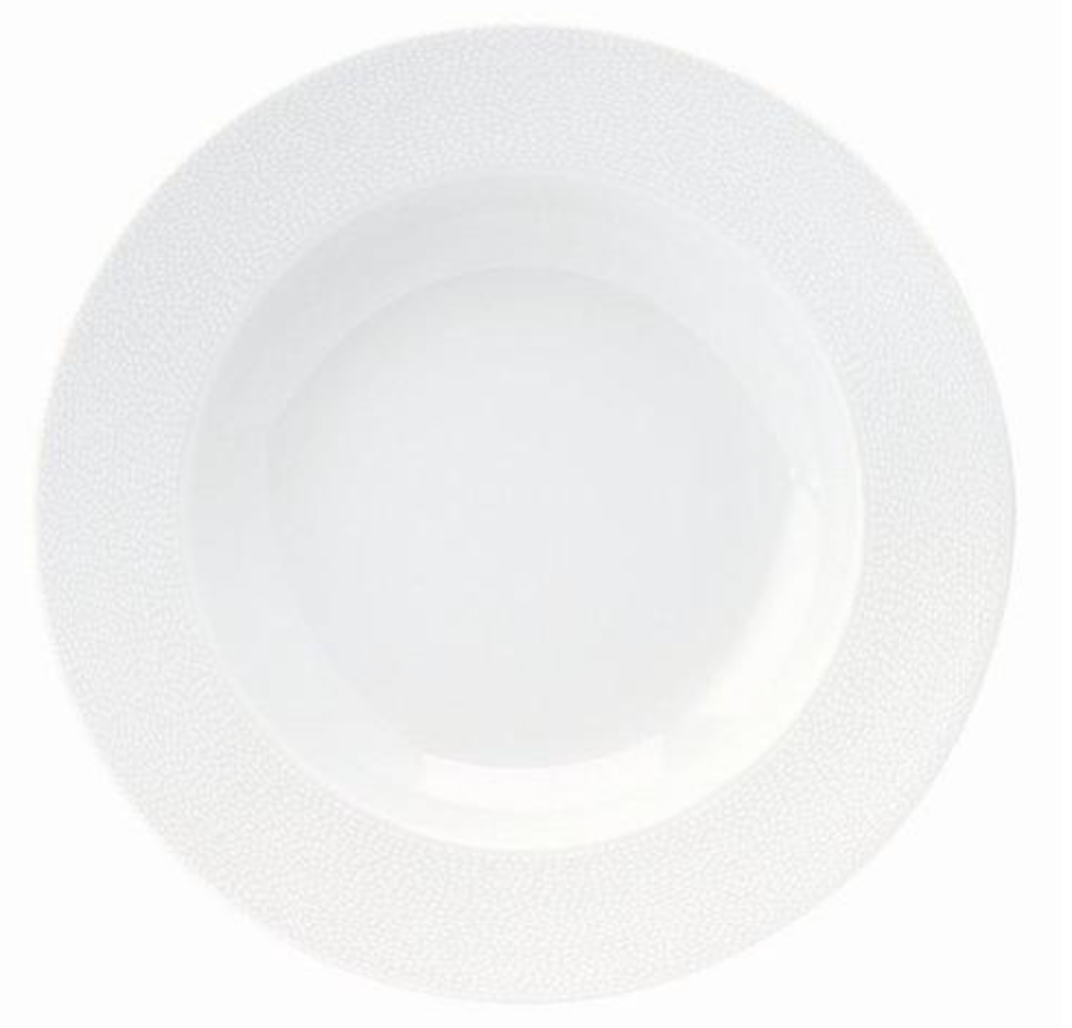 A white, round Seychelles Dinnerware plate by Philippe Deshoulieres features a wide, lightly textured rim and shallow center, shown from above against a white background.