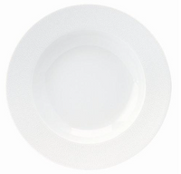 A white, round Seychelles Dinnerware plate by Philippe Deshoulieres features a wide, lightly textured rim and shallow center, shown from above against a white background.