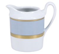 The Royal Limoges Recamier Grey & Gold Dinnerware pitcher is a white ceramic piece with a curved handle, highlighted by a wide grey band and slender gold accent, evoking classic French elegance.