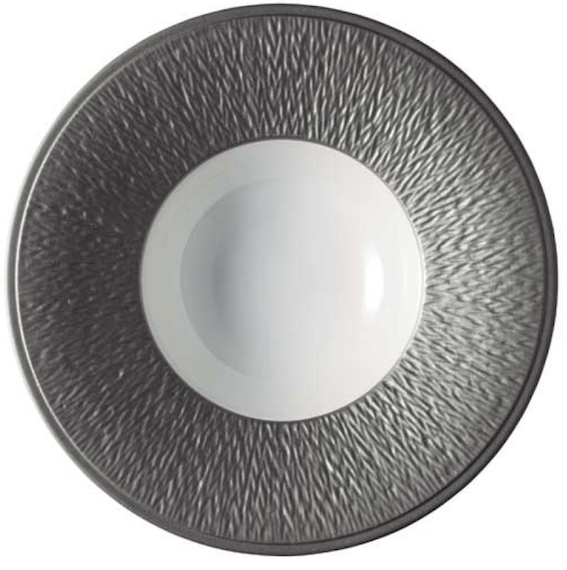 The Mineral Irise Dinnerware Dark Grey plate by Raynaud features a smooth white center and a wide, textured dark gray rim, crafted from elegant Limoges porcelain and shown from above.
