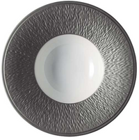 The Mineral Irise Dinnerware Dark Grey plate by Raynaud features a smooth white center and a wide, textured dark gray rim, crafted from elegant Limoges porcelain and shown from above.