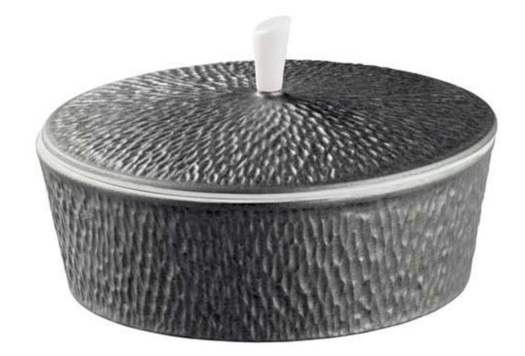 The Raynaud Mineral Irise Dinnerware Dark Grey is a round, textured ceramic container with a matching lid and small white handle, evoking French elegance, shown on a white background.