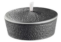 The Raynaud Mineral Irise Dinnerware Dark Grey is a round, textured ceramic container with a matching lid and small white handle, evoking French elegance, shown on a white background.