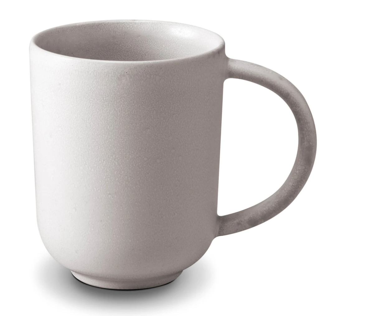 The L'Objet Terra Stone Dinnerware mug features a plain, light gray ceramic design with a large handle, inspired by hand-crafted dinnerware, and is shown against a white background.