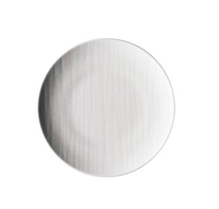 The Rosenthal Mesh Dinnerware White plate is a round, white porcelain plate with subtle vertical and horizontal textures, shown from above on a white background.