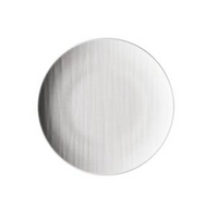 The Rosenthal Mesh Dinnerware White plate is a round, white porcelain plate with subtle vertical and horizontal textures, shown from above on a white background.