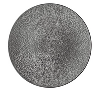The Raynaud Mineral Irise Dinnerware in Dark Grey features a round, textured design with dense, radiating lines that create a ripple effect—reminiscent of fine Limoges porcelain crafted in France.