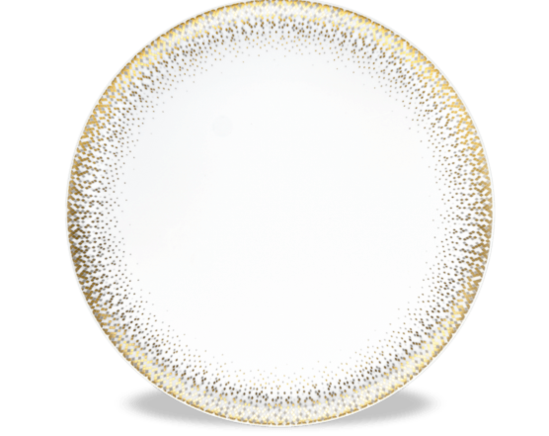 The Haviland Souffle D'or Dinnerware plate, crafted from white Limoges porcelain, features a gold-speckled rim that fades inward. This empty plate is set against a white background.