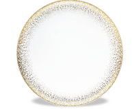 The Haviland Souffle D'or Dinnerware plate, crafted from white Limoges porcelain, features a gold-speckled rim that fades inward. This empty plate is set against a white background.