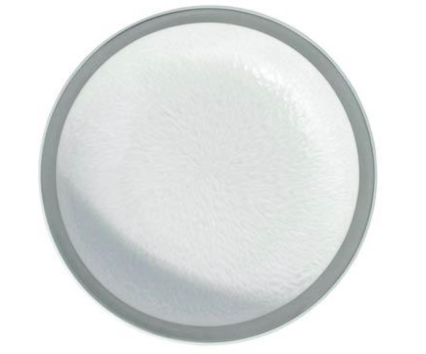 A white, round Mineral Irise Dinnerware Platinum plate by Raynaud made of Limoges Porcelain, featuring a subtle textured surface, is shown from above against a plain white background.