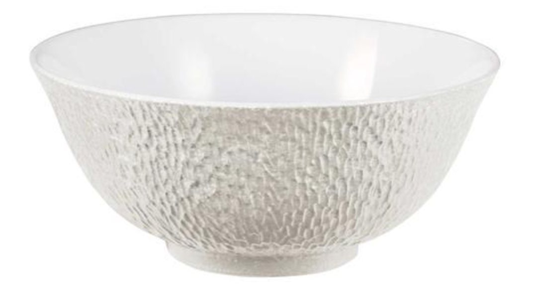 A Raynaud Mineral Irise Dinnerware Pearl Grey bowl featuring Limoges porcelain with a textured, hammered exterior and smooth, glossy interior, displayed against a plain white background.