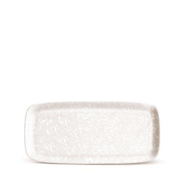 The Alchimie Dinnerware White by L'Objet is a rectangular white ceramic tray with speckled details and rounded corners, adding elegance to modern tablescapes. This luxury tableware is also dishwasher safe for easy cleanup.