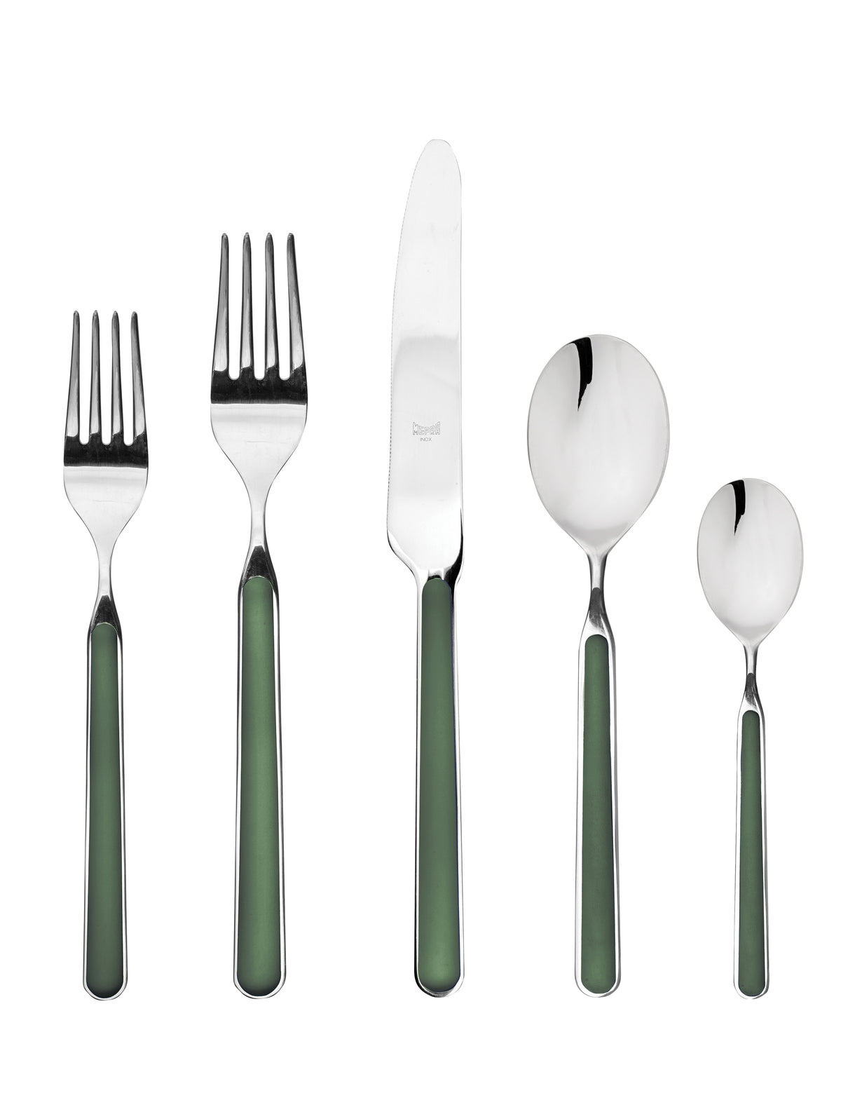 The Mepra Fantasia Flatware 5 Piece Set features shiny silver heads and dark green resin handles, including 2 forks, 1 knife, and 2 spoons in assorted sizes. Durable, dishwasher safe—available in 16 colors for effortless dining.