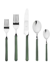 The Mepra Fantasia Flatware 5 Piece Set features shiny silver heads and dark green resin handles, including 2 forks, 1 knife, and 2 spoons in assorted sizes. Durable, dishwasher safe—available in 16 colors for effortless dining.
