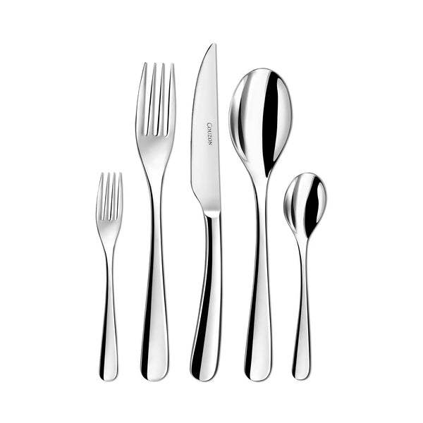 The Haikou Flatware 5 Piece Setting by Couzon/DeVine Corp/MAISON3AMIS features polished 18/10 stainless steel European-sized utensils: two forks, a knife, a large spoon, and a small spoon, displayed on a white background.