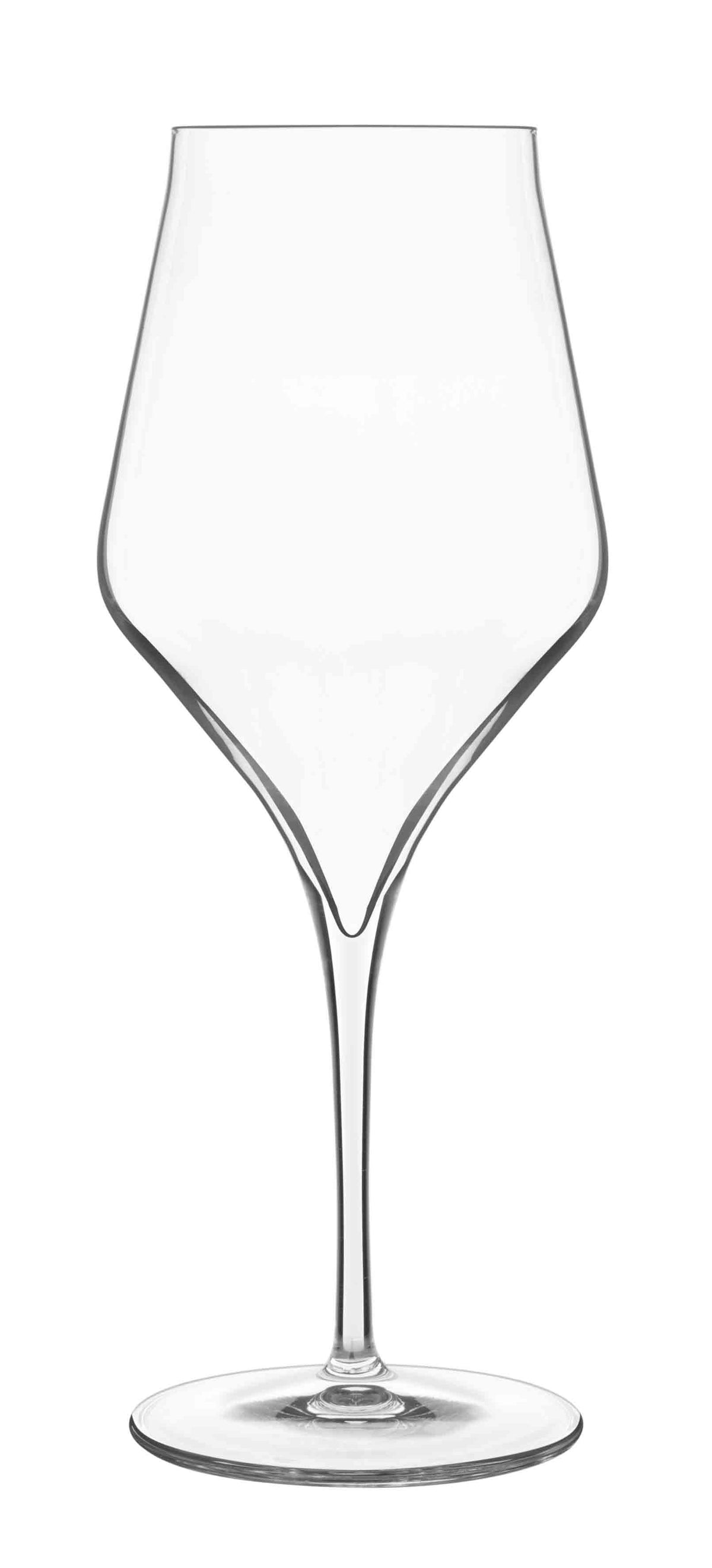 A clear Luigi Bormioli Supremo Glass from the set of 2, featuring a wide bowl, narrow rim, and long stem, stands upright on a flat base against a white background.