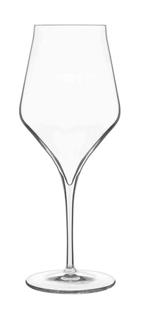 A clear Luigi Bormioli Supremo Glass from the set of 2, featuring a wide bowl, narrow rim, and long stem, stands upright on a flat base against a white background.