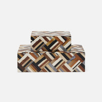 Two rectangular handcrafted Hunter Horn Box units by Made Goods stacked on each other, featuring a geometric herringbone pattern made of multicolored wood and horn inlay.