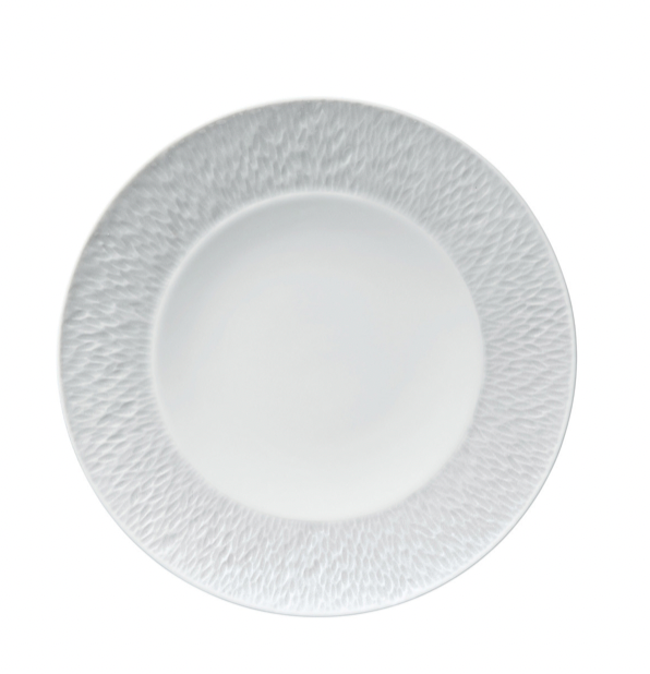 A Raynaud Mineral Dinnerware Glazed White plate features a textured rim and elegant French design, shown on a white background.