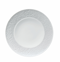 A Raynaud Mineral Dinnerware Glazed White plate features a textured rim and elegant French design, shown on a white background.