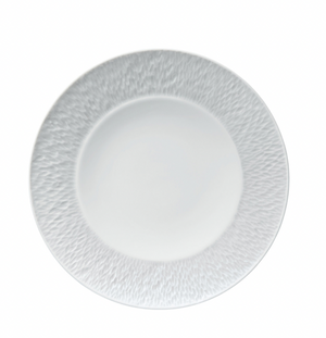 A Raynaud Mineral Dinnerware Glazed White plate features a textured rim and elegant French design, shown on a white background.