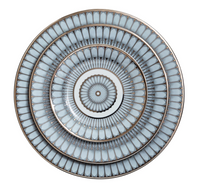 Four Philippe Deshoulieres BIA Arcades Platinum Dinnerware porcelain plates, crafted in France, stacked concentrically and featuring white and light blue designs with gold accents and geometric rim patterns.