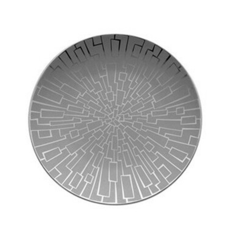 The Rosenthal Skin Platinum TAC 02 Dinnerware plate features a round porcelain design with a gray and white geometric maze of rectangles and lines radiating from the center, highlighted by subtle platinum accents.
