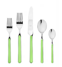 The Mepra Fantasia Flatware 5 Piece Set in green features two forks, a knife, tablespoon, and teaspoon with resin handles. Dishwasher safe flatware is shown neatly side by side on a white background. Available in 16 colors!.
