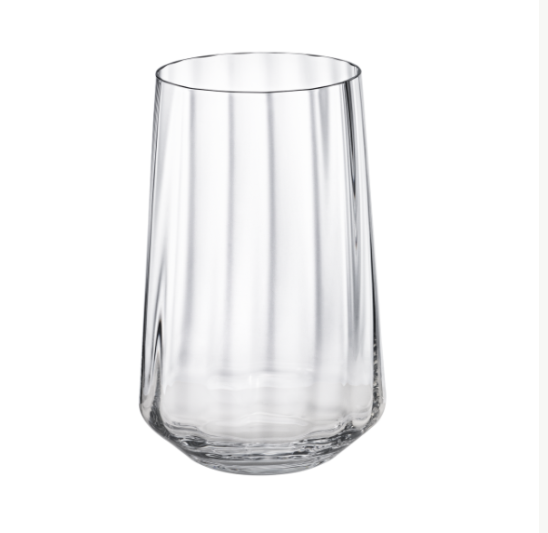 The Bernadotte Glassware Set of 6 by Georg Jensen features clear tumblers with vertical ribbed texture and a rounded base, crafted from lead-free crystal and inspired by Scandinavian design.