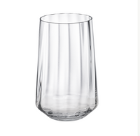 The Bernadotte Glassware Set of 6 by Georg Jensen features clear tumblers with vertical ribbed texture and a rounded base, crafted from lead-free crystal and inspired by Scandinavian design.
