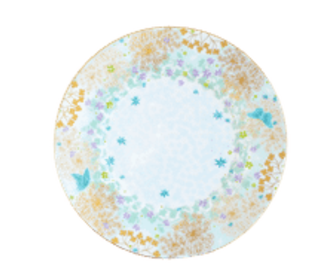 The Fèerie By Michael Cailloux round plate by Bernardaud features a pastel floral and butterfly pattern in blue, green, purple, and gold around the rim on fine Limoges porcelain with a mostly white center.