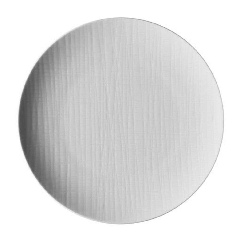 The Rosenthal Mesh Dinnerware White features a round, plain silver metal plate with a subtle brushed texture—an elegant accent to porcelain and other dishwasher-safe pieces, perfect for any table setting.