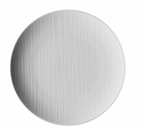 The Rosenthal Mesh Dinnerware White features a round, plain silver metal plate with a subtle brushed texture—an elegant accent to porcelain and other dishwasher-safe pieces, perfect for any table setting.