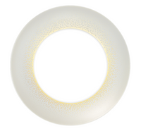 A circular translucent contact lens features a subtle yellow and gold gradient around the inner edge, inspired by Souffle D'or Dinnerware from Haviland. The clear center maintains unobstructed vision.