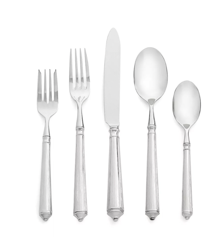 The Ricci Rialto Flatware 5-Piece Setting features a salad fork, dinner fork, knife, soup spoon, and teaspoon with matching textured handles, all displayed side by side against a white background.