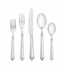 The Ricci Rialto Flatware 5-Piece Setting features a salad fork, dinner fork, knife, soup spoon, and teaspoon with matching textured handles, all displayed side by side against a white background.