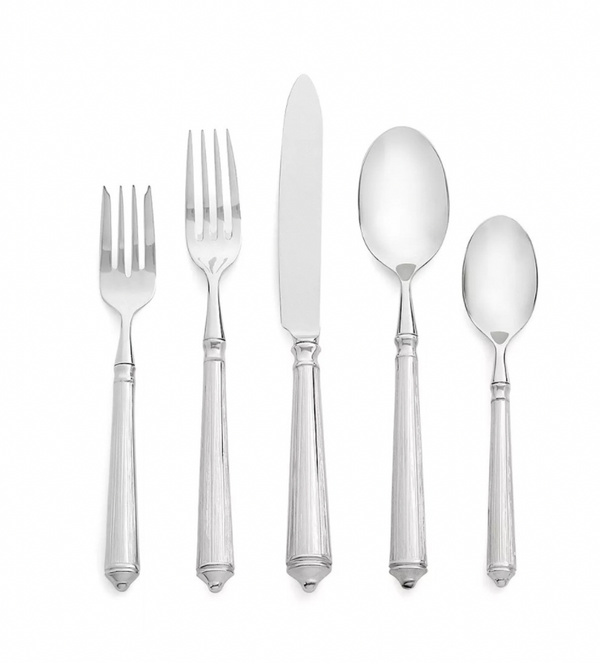 The Ricci Rialto Flatware 5-Piece Setting features a salad fork, dinner fork, knife, soup spoon, and teaspoon with matching textured handles, all displayed side by side against a white background.