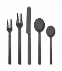 The Mepra Stile Oro Flatware 5 Piece Setting includes two forks, a knife, a tablespoon, and a teaspoon in black titanium, arranged side by side on a plain white background.