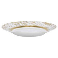The Tweed White & Gold Dinnerware by Royal Limoges features a white ceramic plate with a wide, slightly raised rim adorned with a gold-speckled pattern and a smooth, plain center, reflecting the refined elegance of French design.