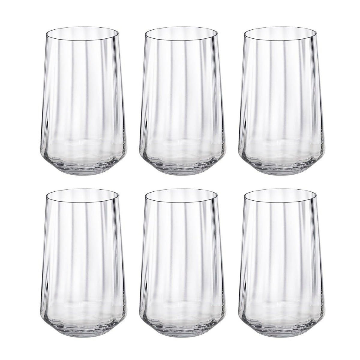 Six clear Bernadotte Glassware tumblers by Georg Jensen, arranged in two rows against a white background, showcase sleek Scandinavian design with gently tapered sides—timeless elegance in a set of 6 from this renowned brand.