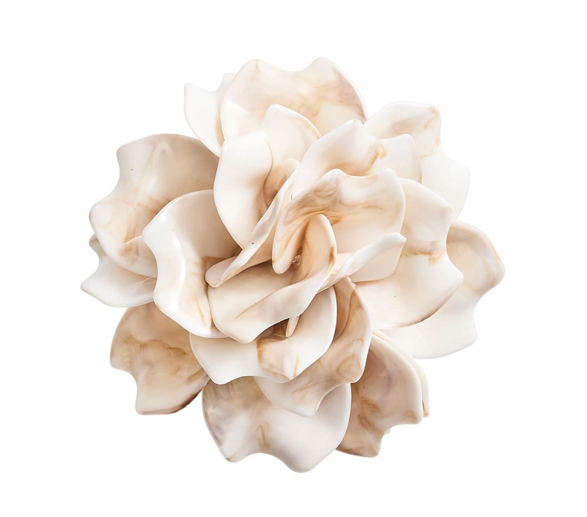 The Kim Seybert Dahlia Napkin Ring Ivory Set of 4 features elegant porcelain flower sculptures with wavy creamy white and beige petals, forming a circular bloom perfect for elevating table settings.