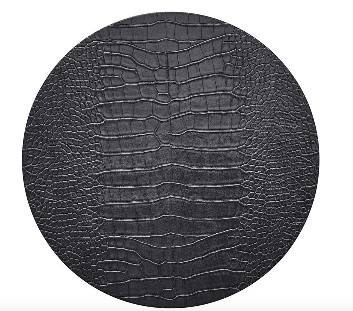 The Kim Seybert Croco Placemat Charcoal Set of 4 features a round, black surface with a textured, crocodile-embossed pattern resembling reptile skin, showcased against a white background.