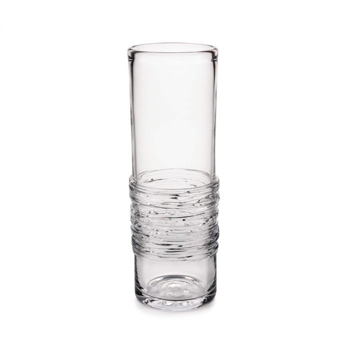 The Echo Lake Gather Vase by Simon Pearce is a tall, handmade glass vase with a smooth top and ribbed lower section. This clear, cylindrical vase is empty and shown against a white background.