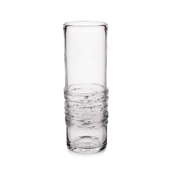 The Echo Lake Gather Vase by Simon Pearce is a tall, handmade glass vase with a smooth top and ribbed lower section. This clear, cylindrical vase is empty and shown against a white background.