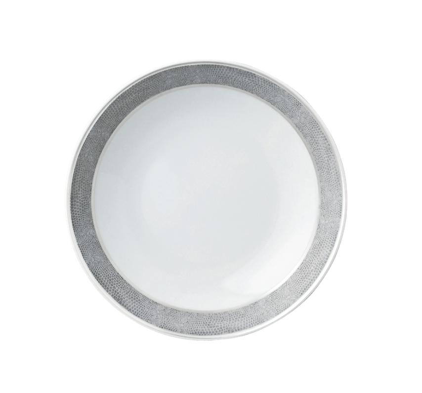 A Bernardaud Sauvage Grey & Platinum Limoges porcelain dinnerware plate with a wide, snakeskin-embossed silver-gray rim, viewed from above on a plain white background.