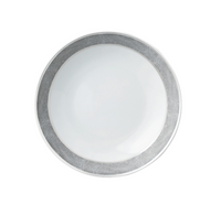 A Bernardaud Sauvage Grey & Platinum Limoges porcelain dinnerware plate with a wide, snakeskin-embossed silver-gray rim, viewed from above on a plain white background.