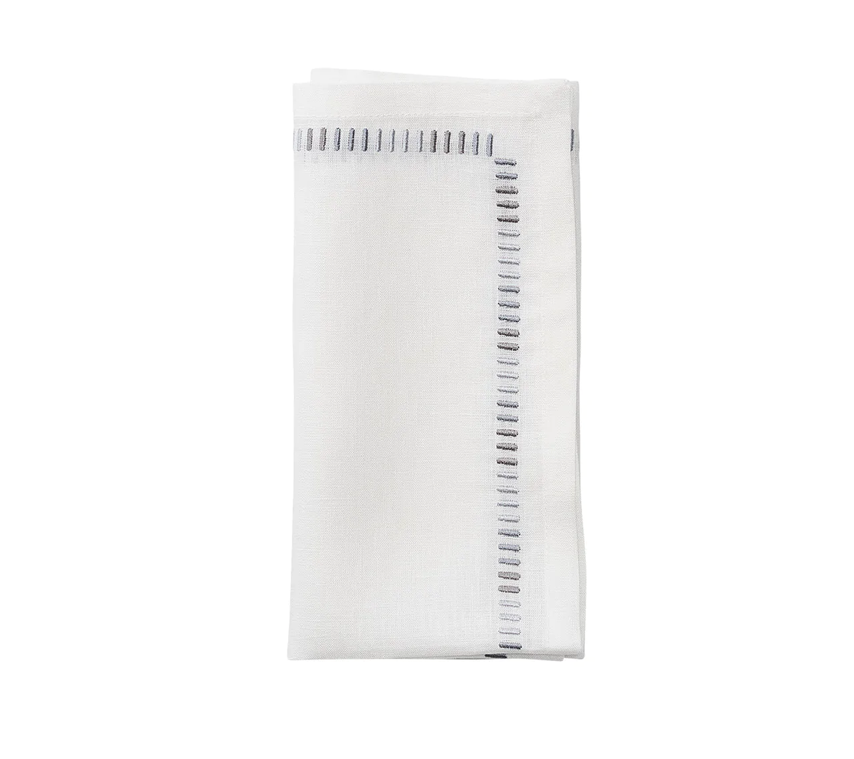 A set of four Kim Seybert Harmonie Napkins in white, gray, and silver features decorative stitched detailing along one edge and is elegantly displayed on a plain white background.
