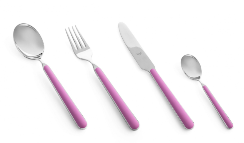 The Mepra Fantasia Flatware 5 Piece Set in light purple-pink pairs shiny metal tops with resin handles, beautifully arranged on a white background. Available in 16 vibrant colors.