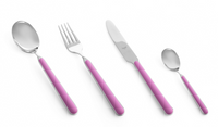 The Mepra Fantasia Flatware 5 Piece Set in light purple-pink pairs shiny metal tops with resin handles, beautifully arranged on a white background. Available in 16 vibrant colors.